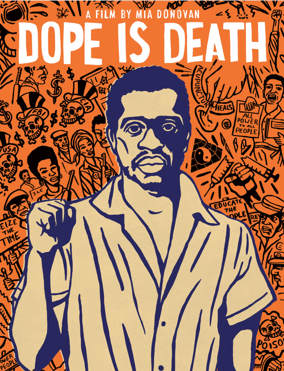 Orange poster with a man making a fist and the phrase DOPE IS DEATH
